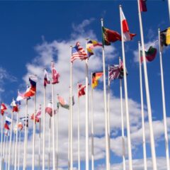 National flags on the masts. The flags of the United States, Germany, Belgium, Italia,Israel, Turkey